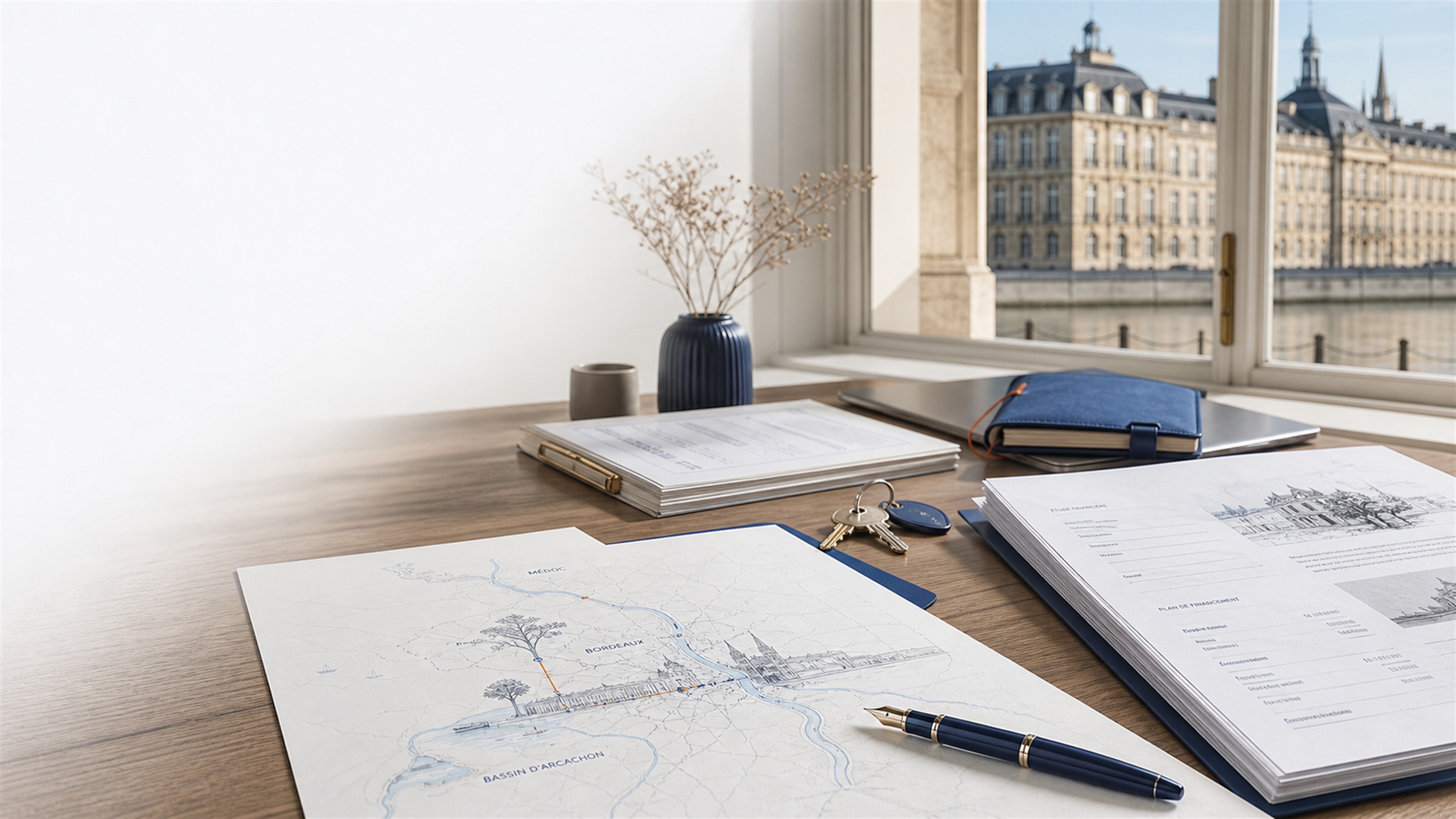Dossier immobilier préparé avec carte de Bordeaux, bassin d'Arcachon et Médoc